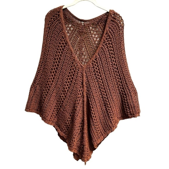 Brown Boho Crochet Knit Poncho w Belt - Picture 6 of 7